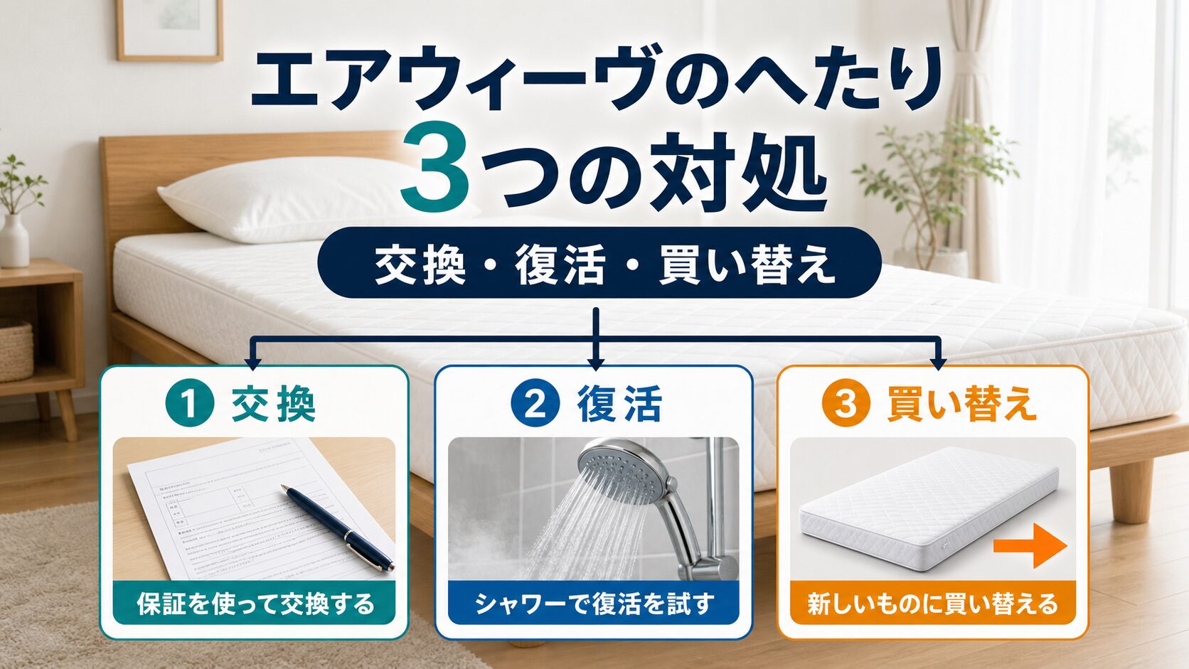エアウィーヴのへたり対処を交換・復活・買い替えの3択から選ぶ案内イメージ