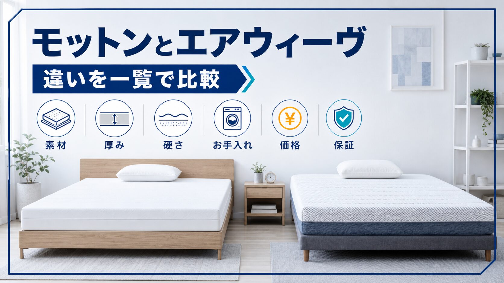 モットンとエアウィーヴの違いを基本スペックで一覧比較した表のイメージ