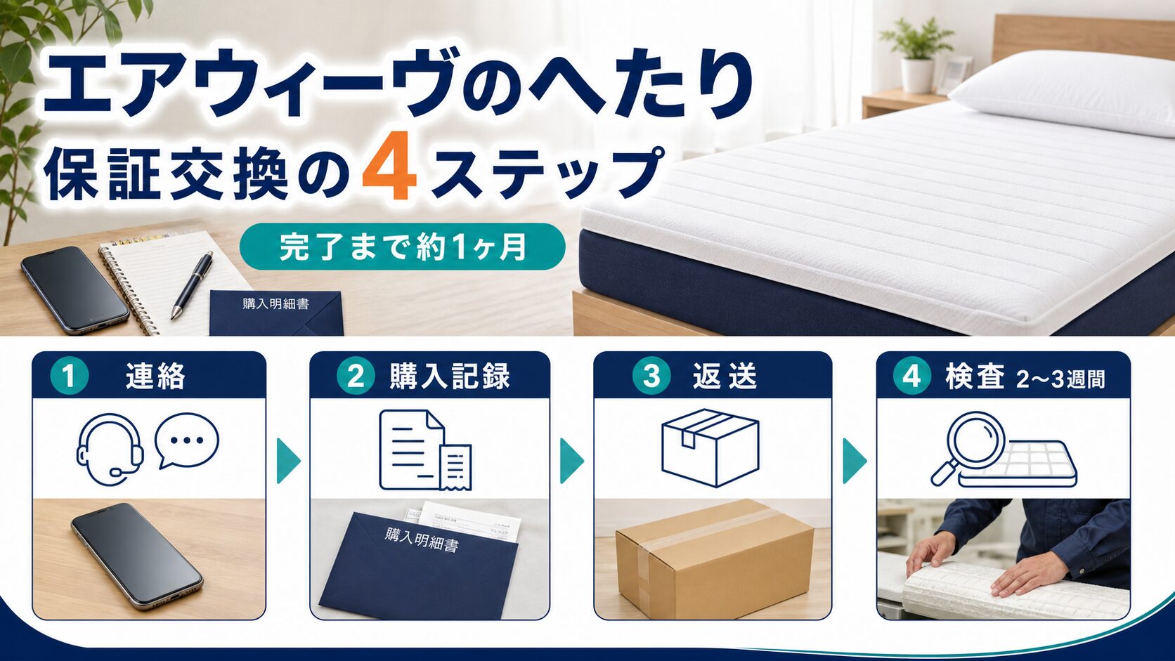 エアウィーヴのへたりを保証で交換してもらう手順を整理したイメージ