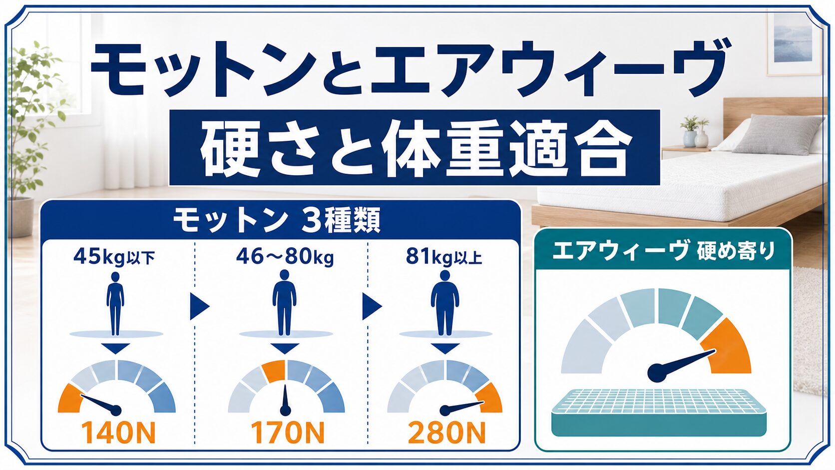 モットンとエアウィーヴの硬さと体重適合の違いを腰痛目線で示した画像