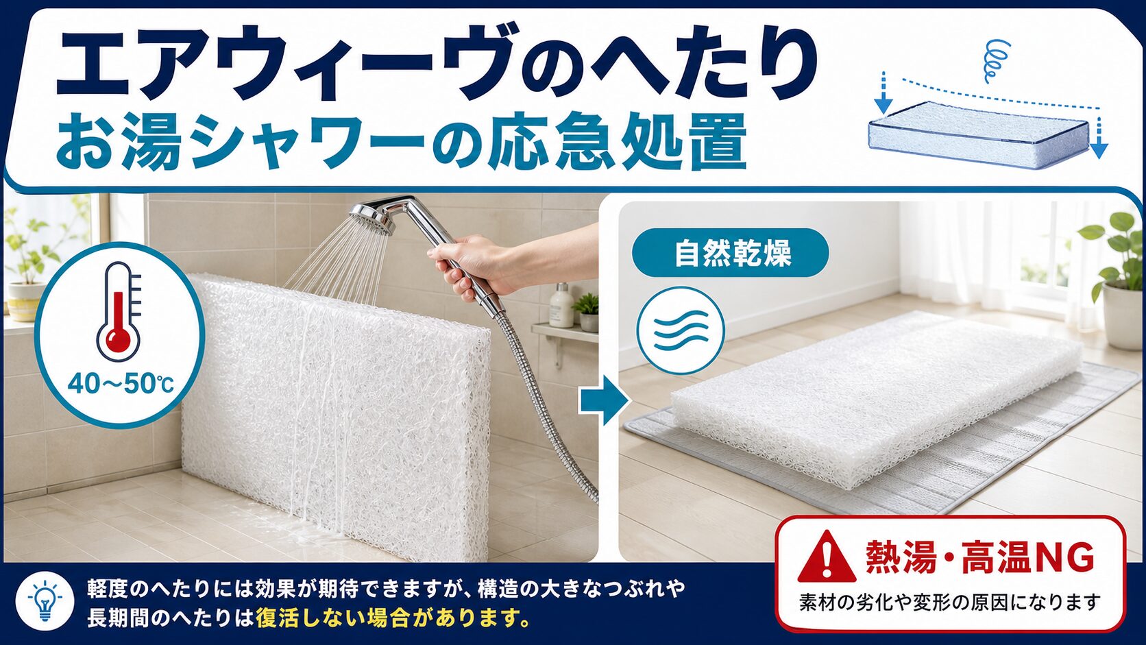 エアウィーヴのへたりをお湯シャワーで復活させる応急処置のイメージ