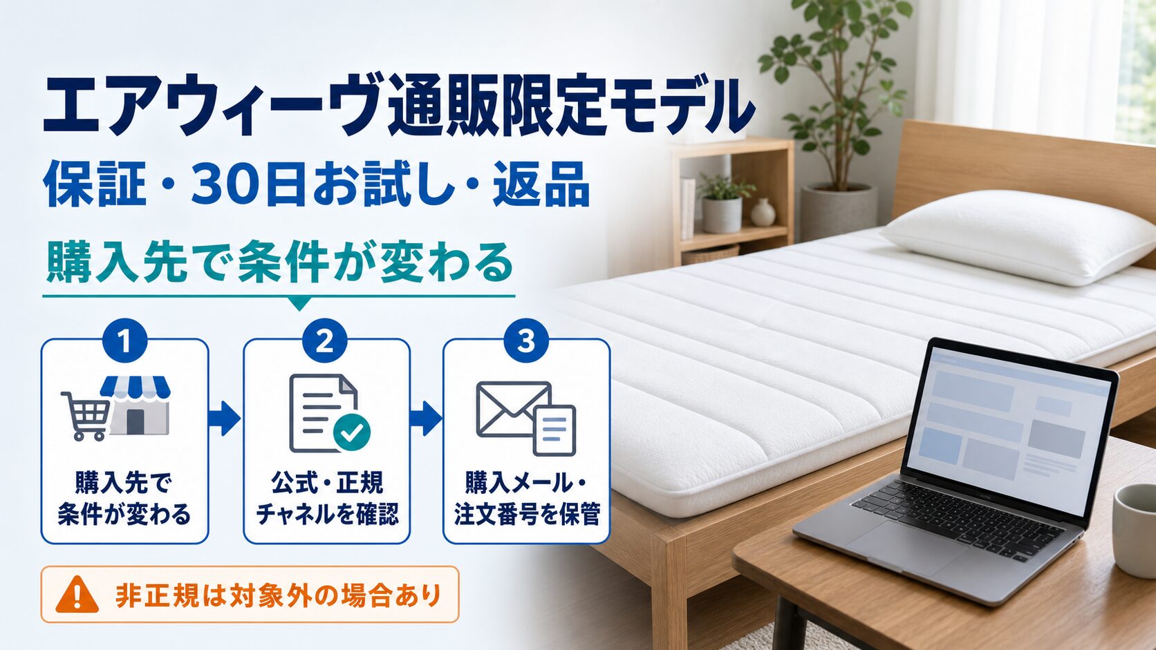エアウィーヴ通販限定モデルの保証・30日お試し・返品の違いをまとめた画像
