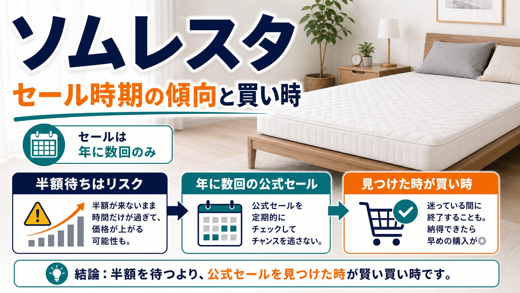 ソムレスタの半額を待つべきか、セール時期の傾向と買い時を考えるイメージ