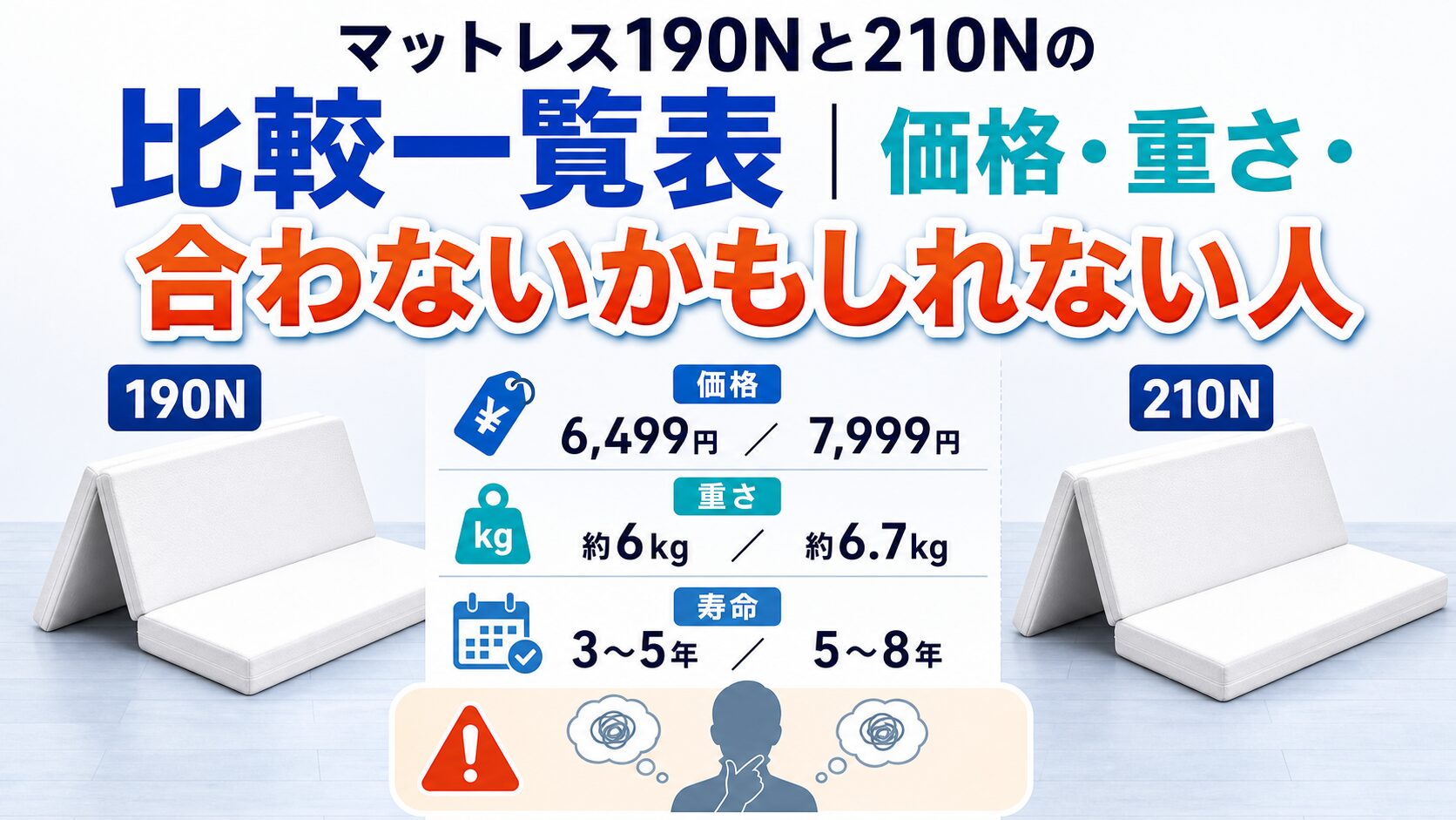 マットレス190Nと210Nの価格や重さを比較した一覧表のイメージ
