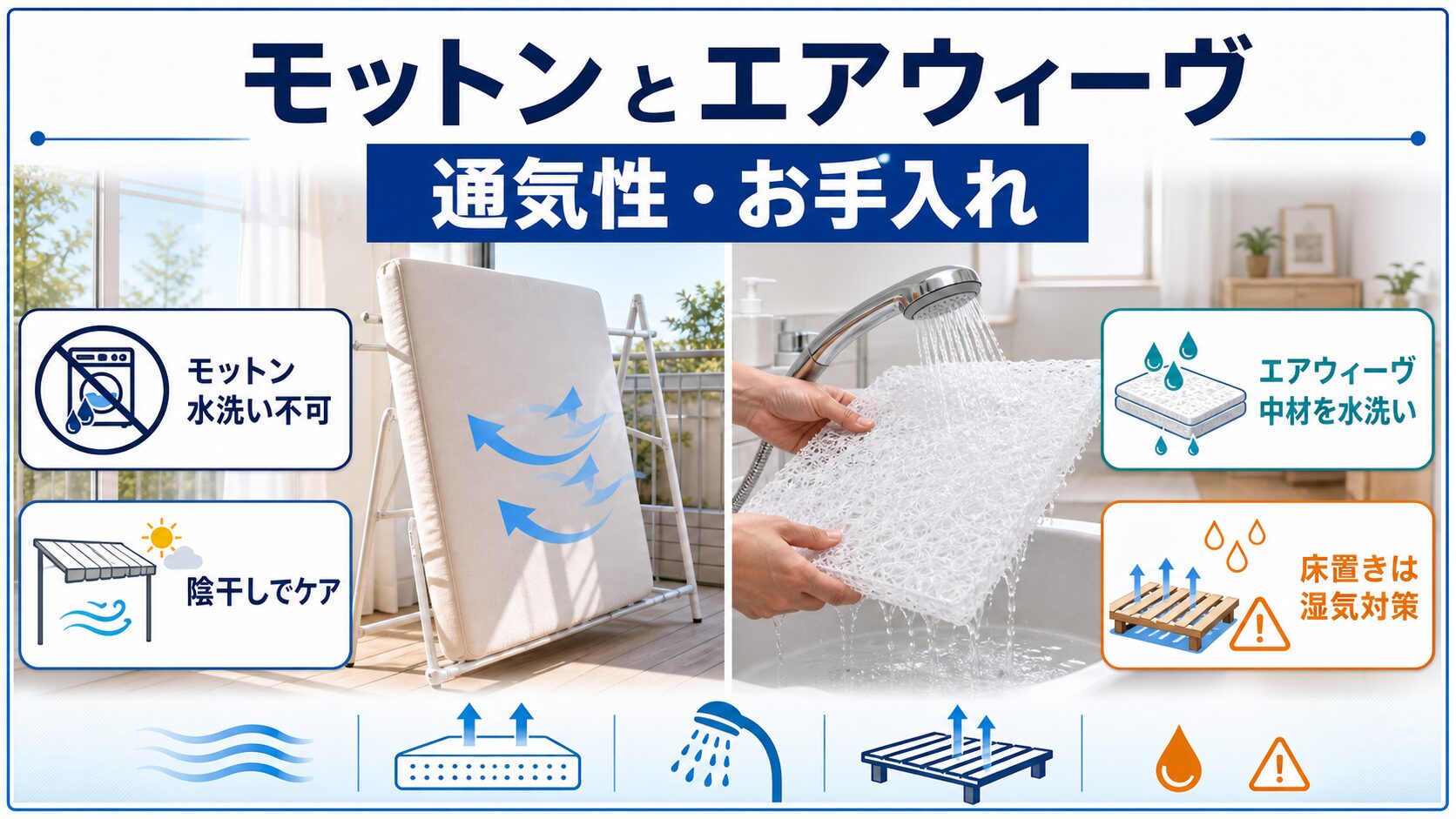 モットンとエアウィーヴの通気性とお手入れ、洗えるのはどちらかを比較した画像