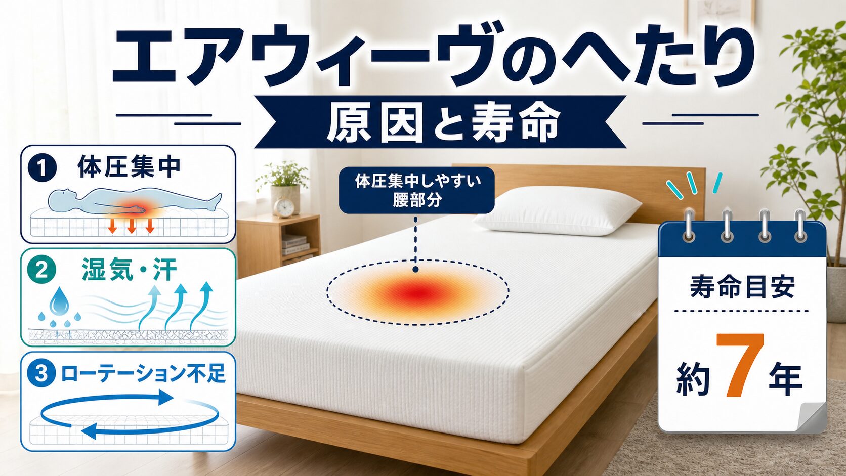 エアウィーヴのへたりの原因3つと寿命の目安を解説するイメージ