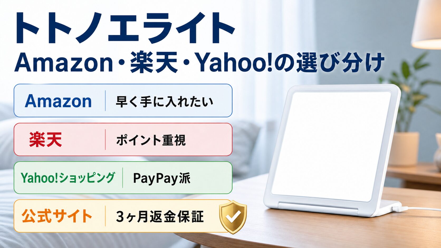 トトノエライトをAmazon・楽天・Yahoo!のどこで買うと得か選び分けるイメージ