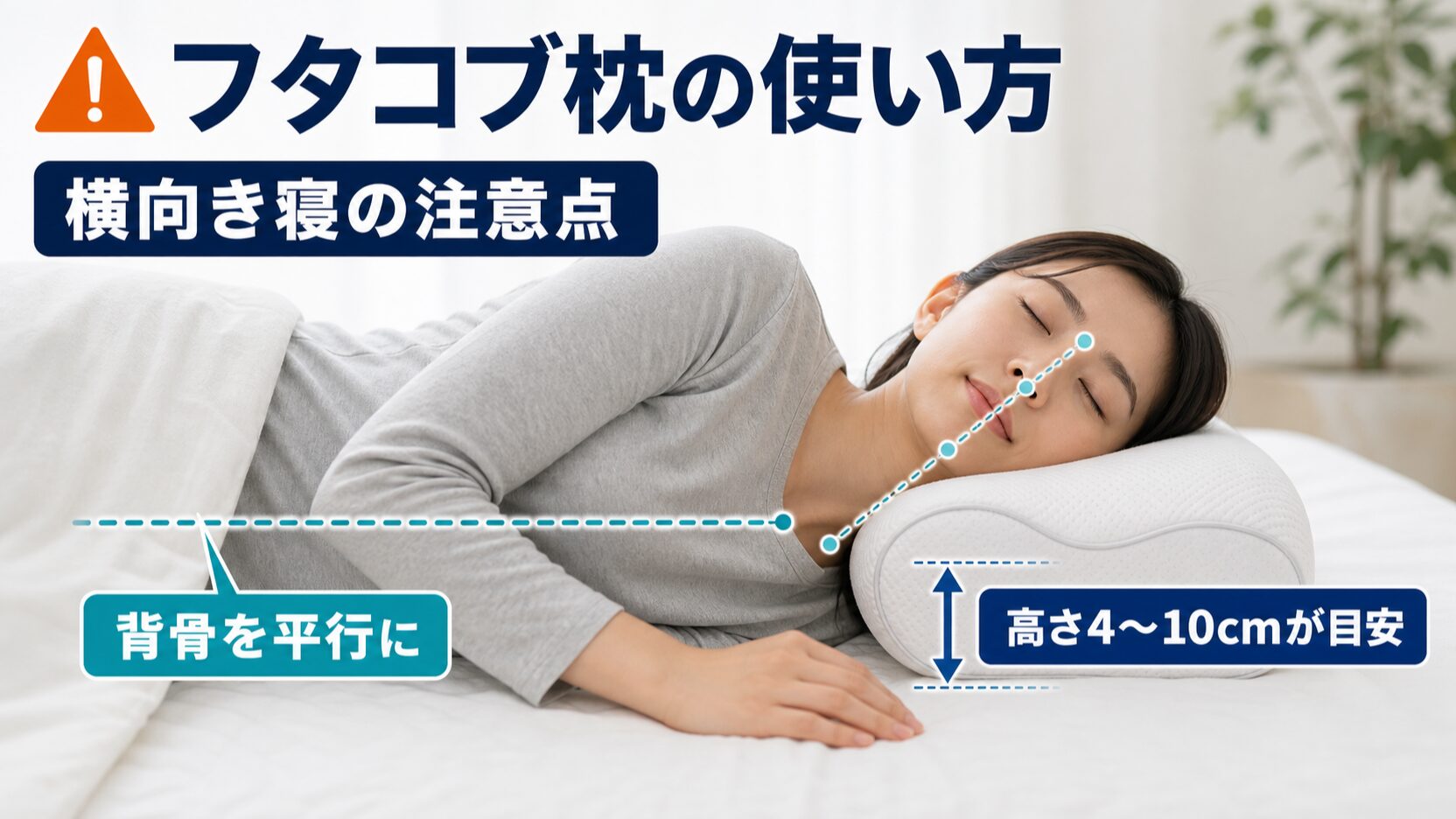 フタコブ枕を横向き寝で使うときに高さが足りなくなる注意点のイメージ