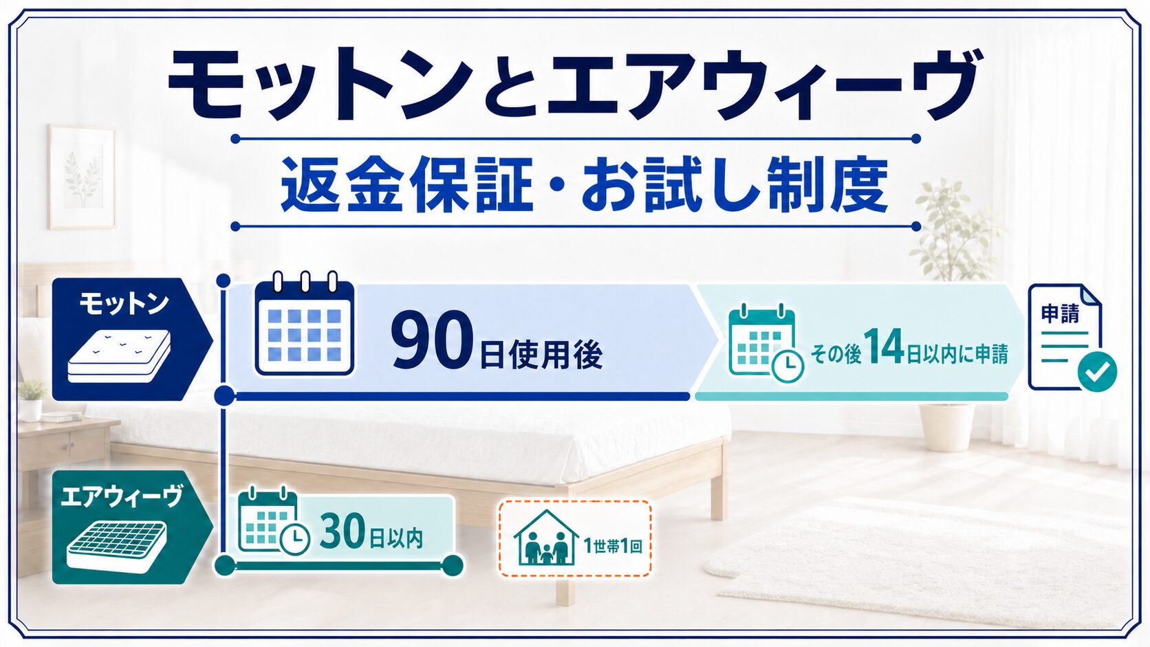 モットンとエアウィーヴの返金保証とお試し制度の違いをまとめた画像