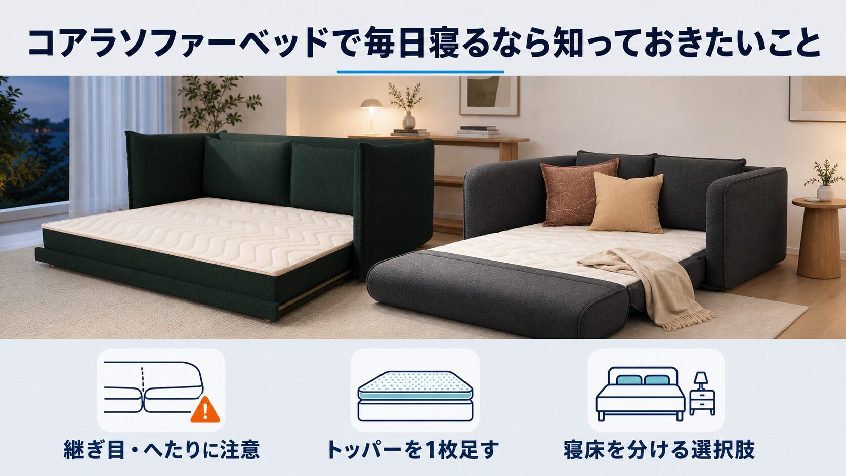 コアラソファーベッドで毎日寝るときの注意点を確認しているイラスト