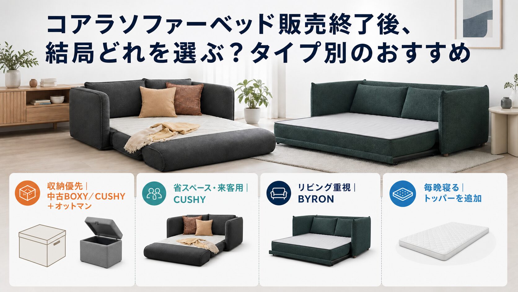 コアラソファーベッド販売終了後にどれを選ぶか、タイプ別に整理したイメージ