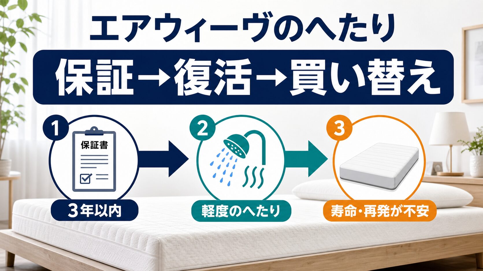 エアウィーヴのへたりは保証・復活・買い替えの順で対処する流れのまとめイメージ