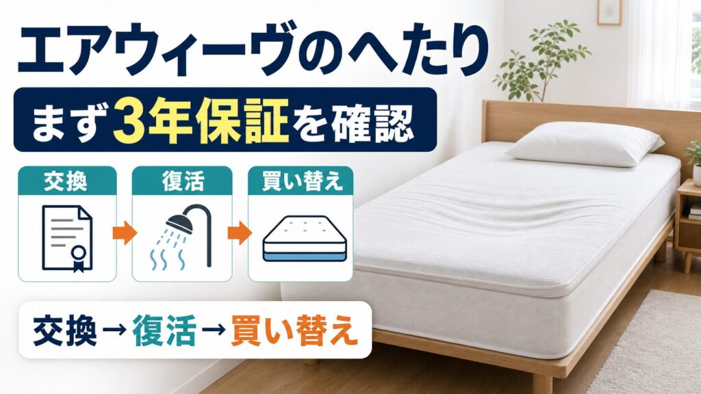 エアウィーヴのへたりは交換できるのか、3年保証と復活方法を解説する記事のアイキャッチ画像