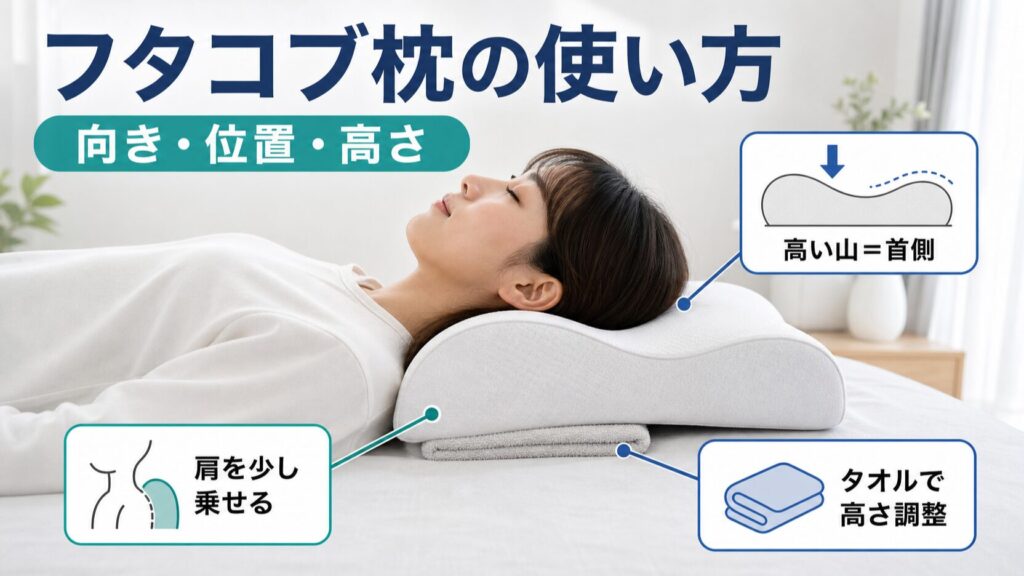 フタコブ枕の使い方と高い方を首側にする正しい向きを解説する記事のアイキャッチ画像