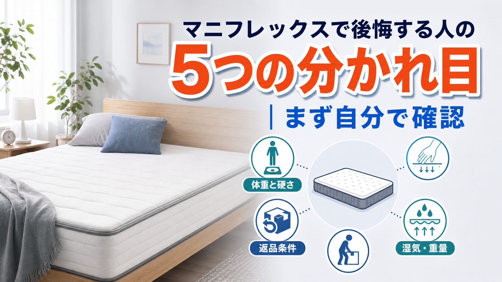 マニフレックスで後悔する人の5つの分かれ目を、体重と硬さや返品条件のアイコンで示した図