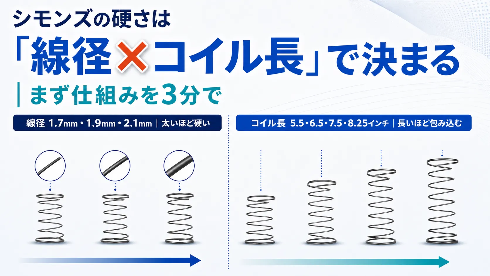 シモンズの硬さを決める線径3種類とコイル長4種類のばねを並べて比べた図