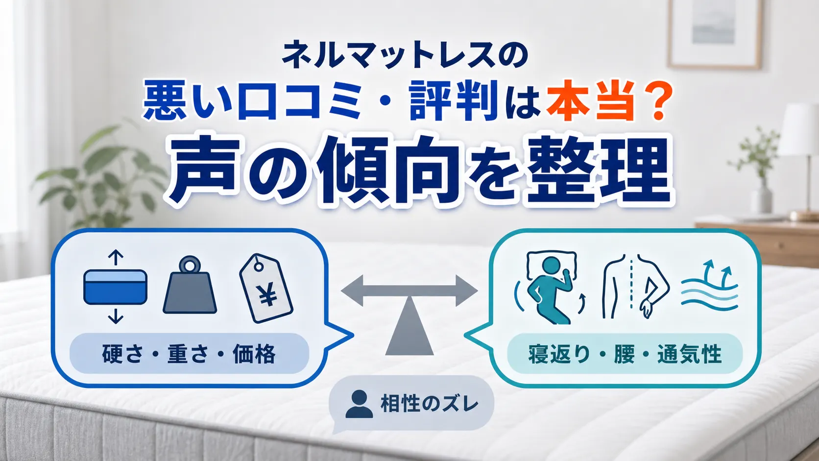 ネルマットレスの悪い口コミと良い口コミの傾向を天秤のイラストで見比べた図解