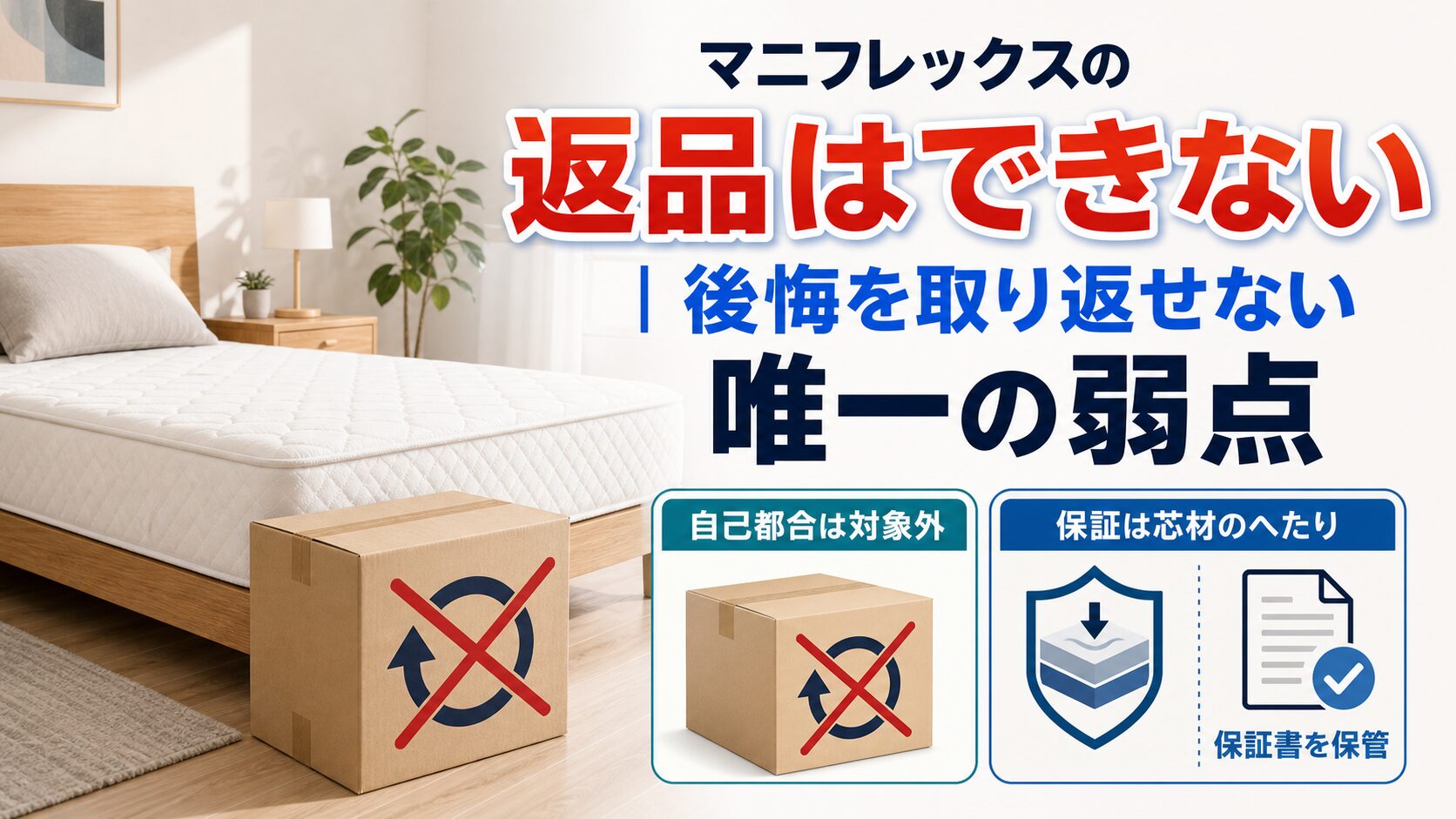 マニフレックスは自己都合の返品ができず、保証は芯材のへたりに限られることを示した図