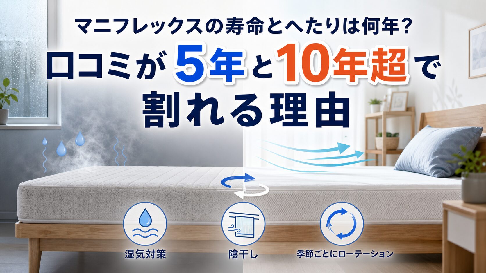 マニフレックスの寿命が湿気対策と陰干しで5年と10年超に分かれる理由を比べた図