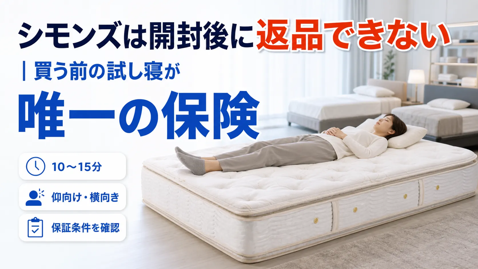 シモンズは返品できないため購入前に10〜15分の試し寝をしている様子の画像