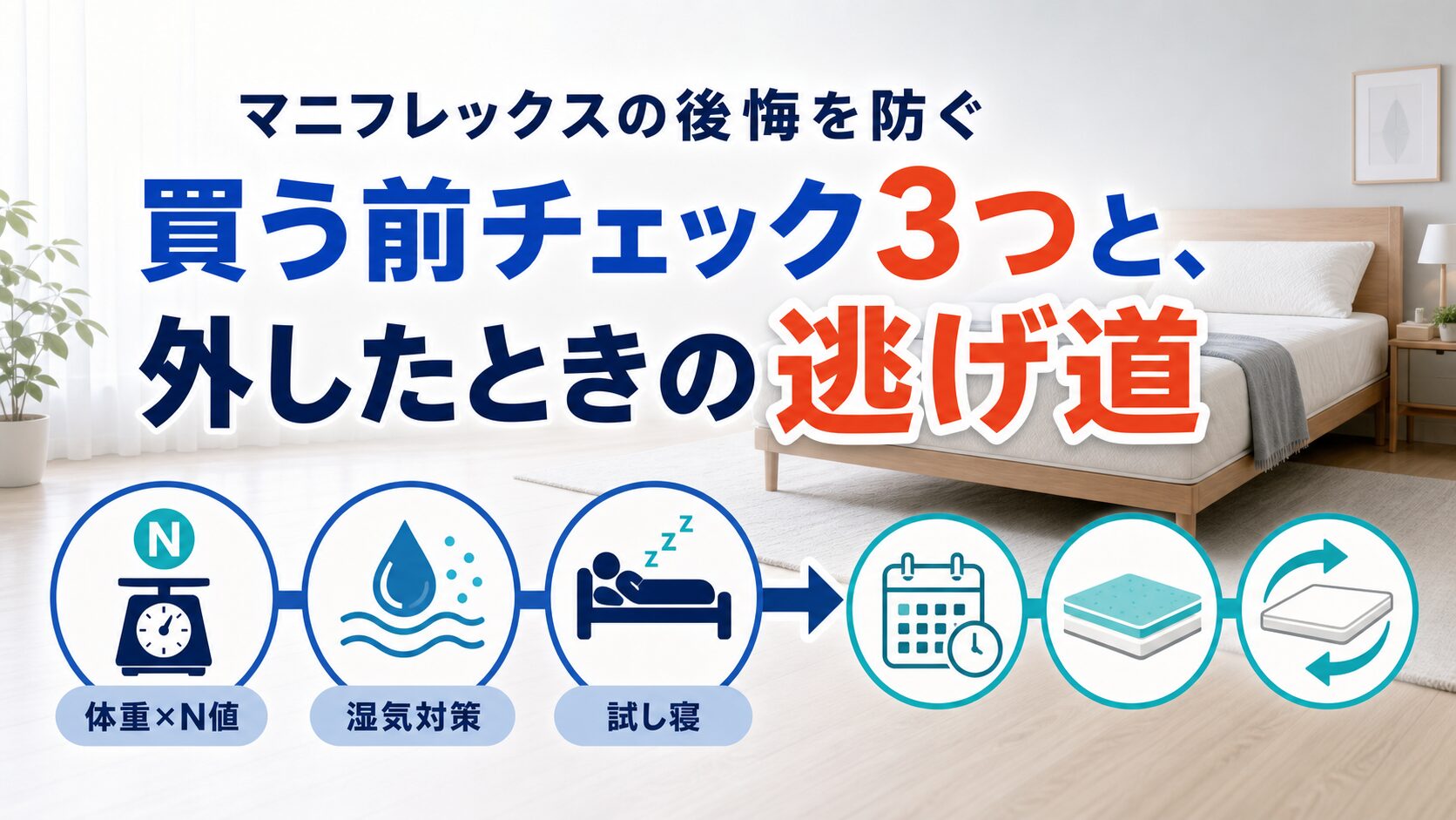 マニフレックスの後悔を防ぐ買う前チェック3つと、硬さを外したときの逃げ道を並べた図