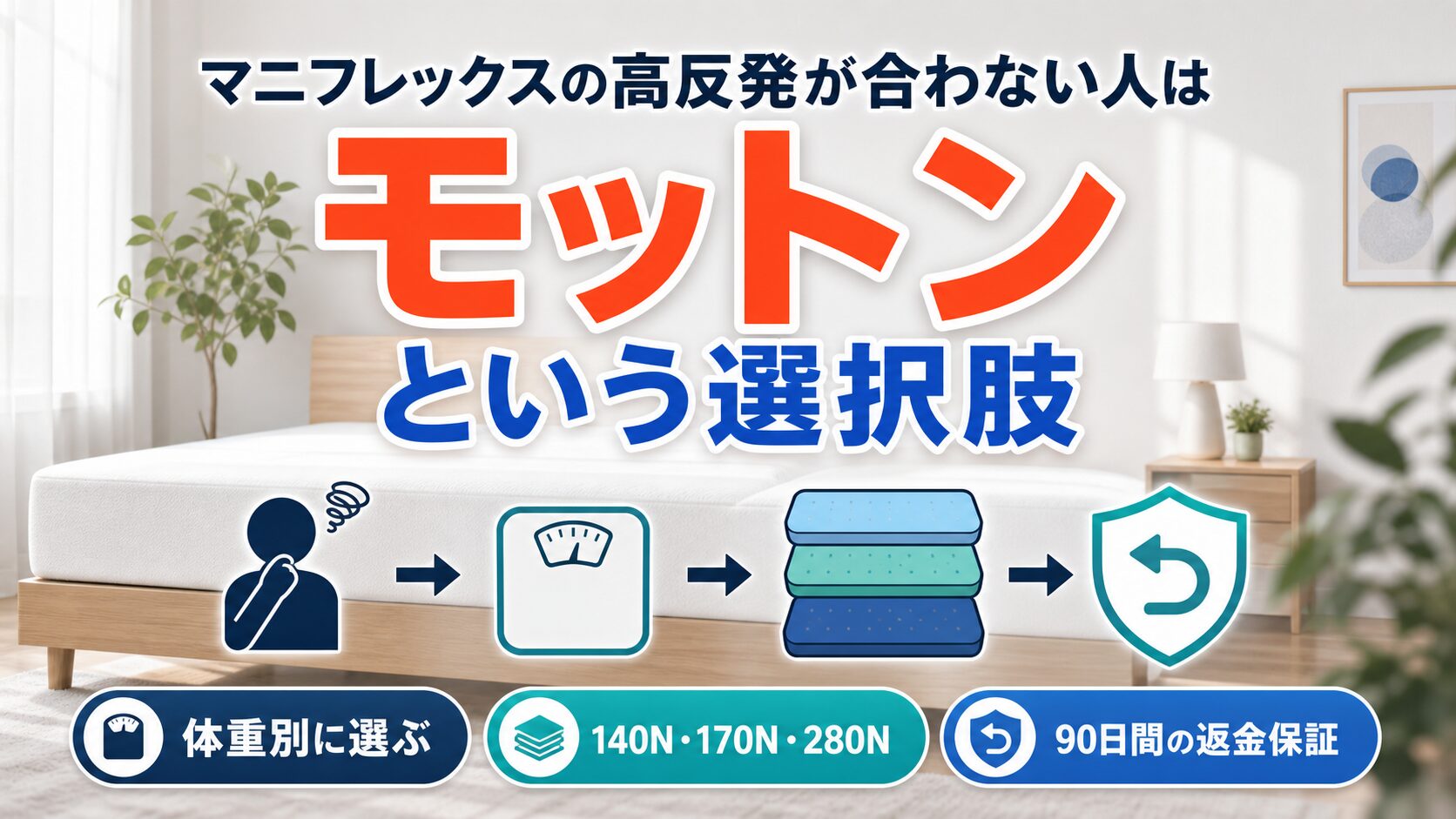 マニフレックスの高反発が合わない人向けに、体重別3硬さと90日返金保証のモットンを示した図