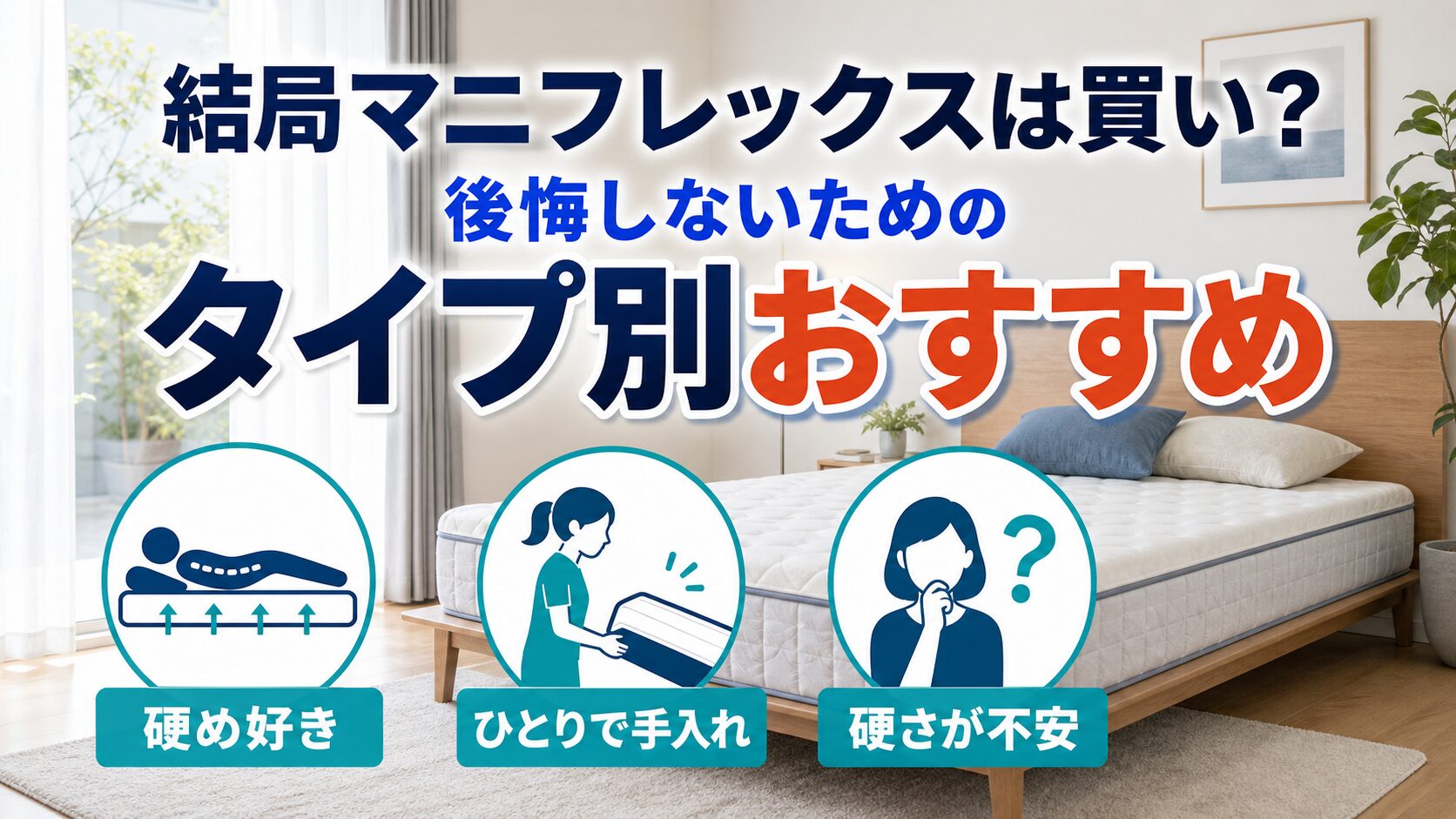 マニフレックスを硬め好き・ひとりで手入れ・硬さが不安のタイプ別におすすめする図