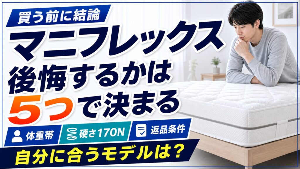 マニフレックスで後悔するか迷い、ベッドのマットレスに肘をついて考え込む男性の画像