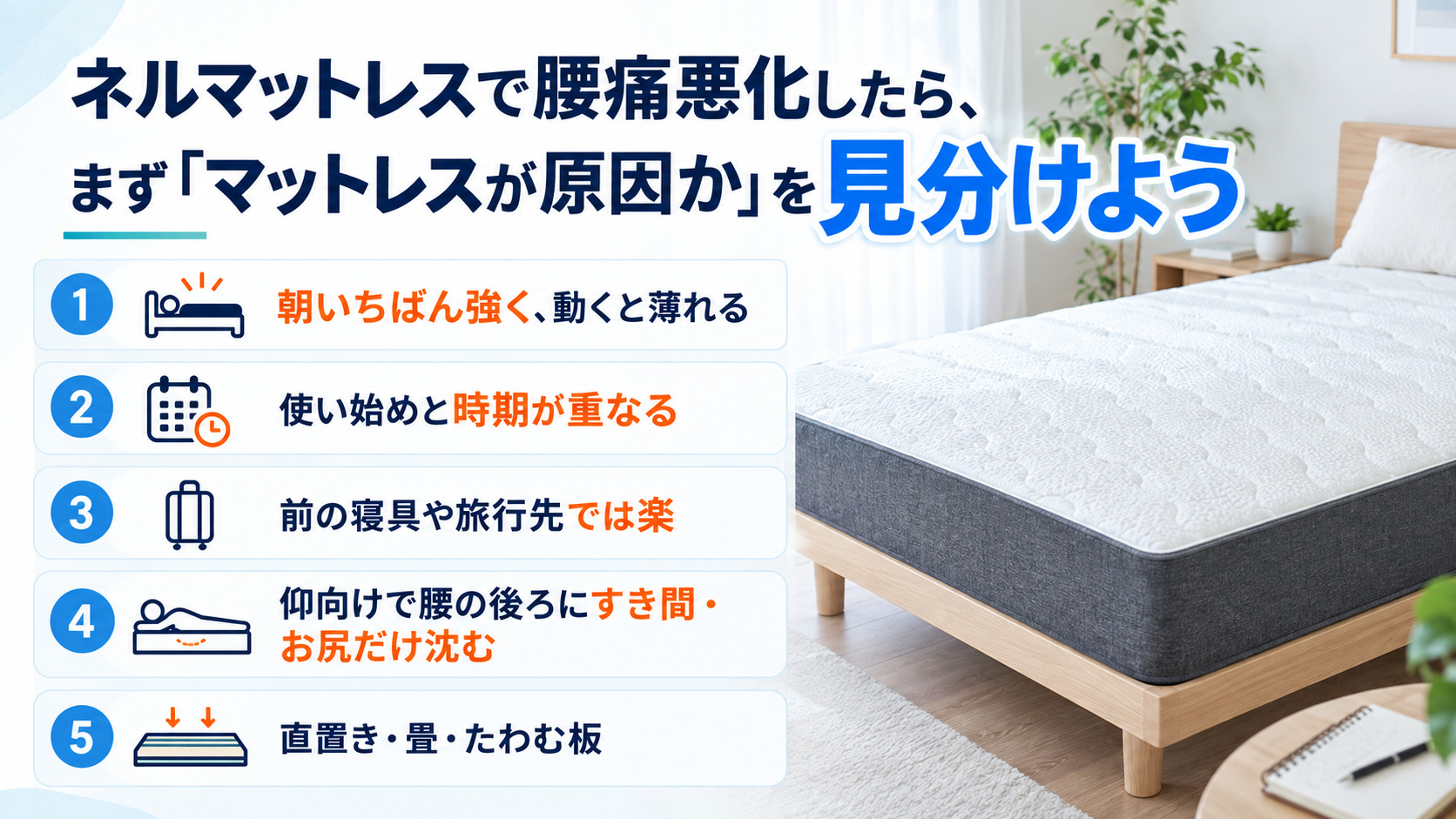 ネルマットレスで腰痛悪化したときに、マットレスが原因かを見分ける5つのチェック項目の画像