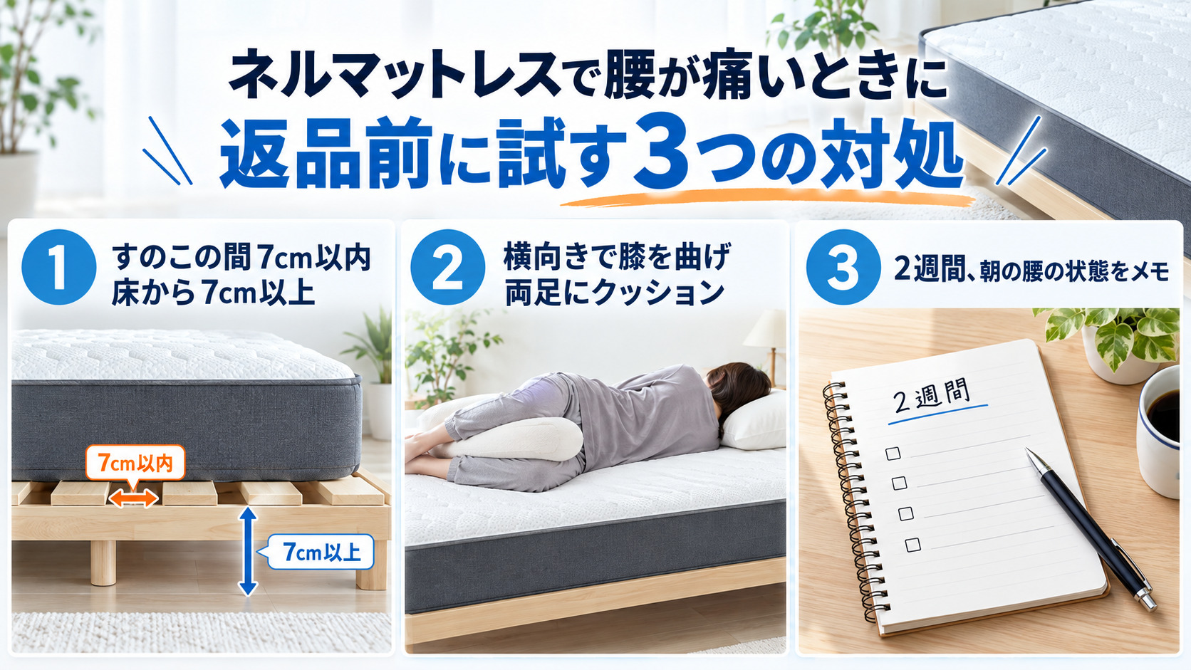 ネルマットレスで腰が痛いときに返品前に試す、すのこ・クッション・2週間メモの3つの対処の画像