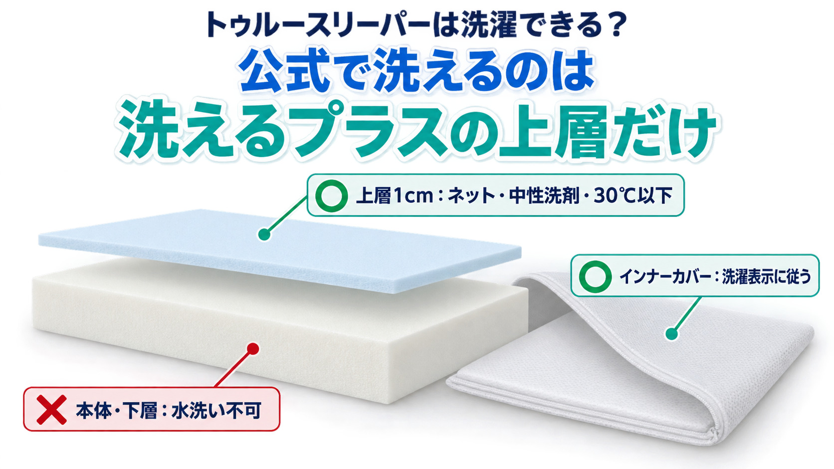 トゥルースリーパーで洗えるのは洗えるプラスの上層1cmとインナーカバーだけと示した図