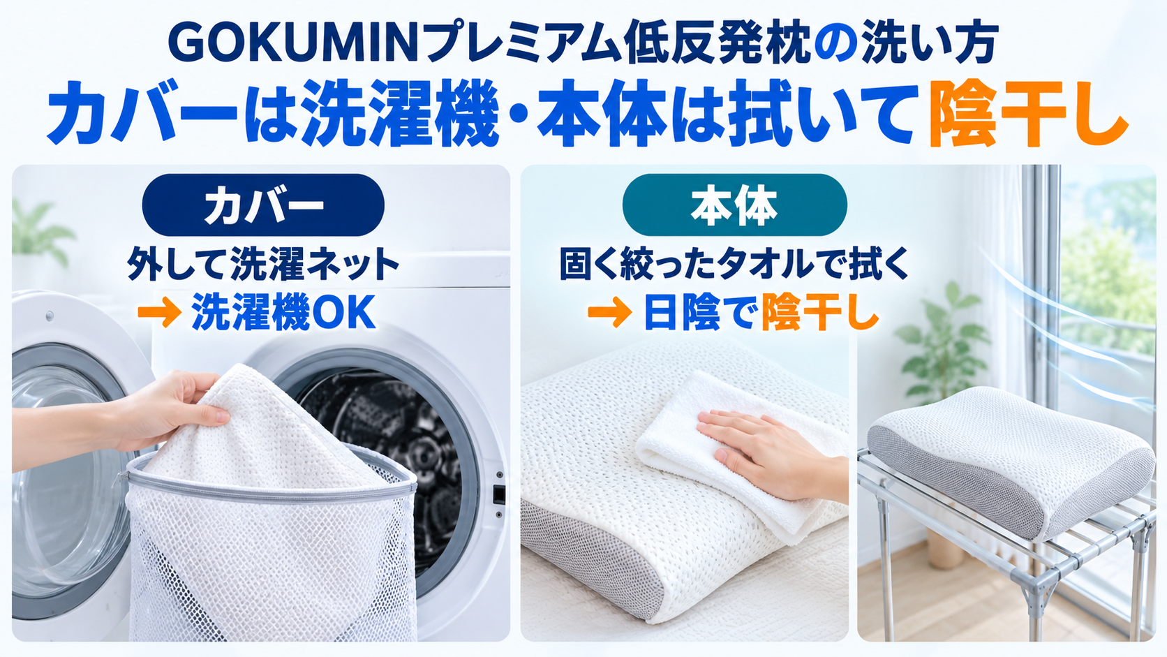 GOKUMINプレミアム低反発枕のカバーは洗濯機、本体は拭いて陰干しする洗い方の図