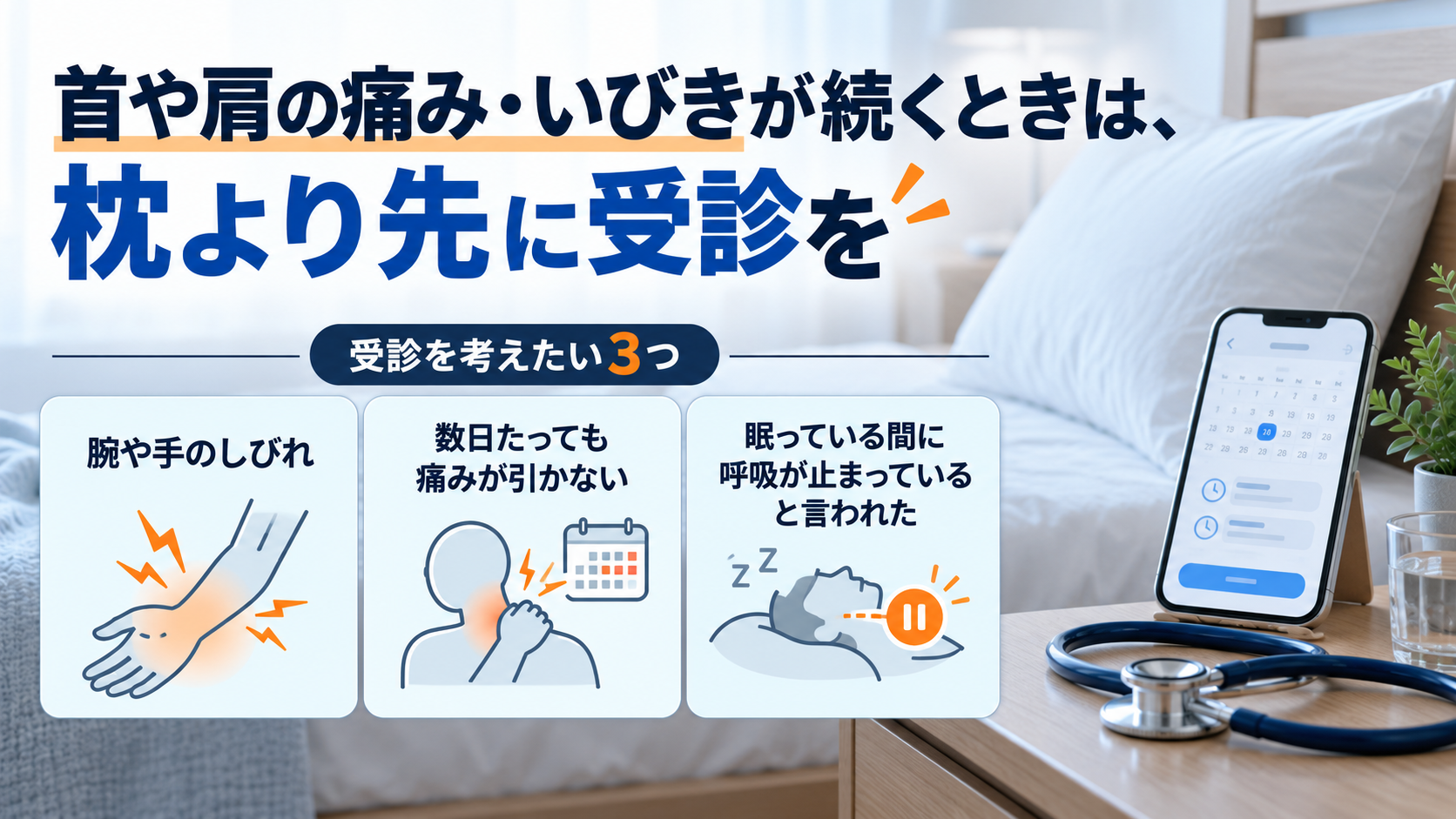 首や肩の痛み・いびきが続くときに枕より先に受診を考えたい3つの症状