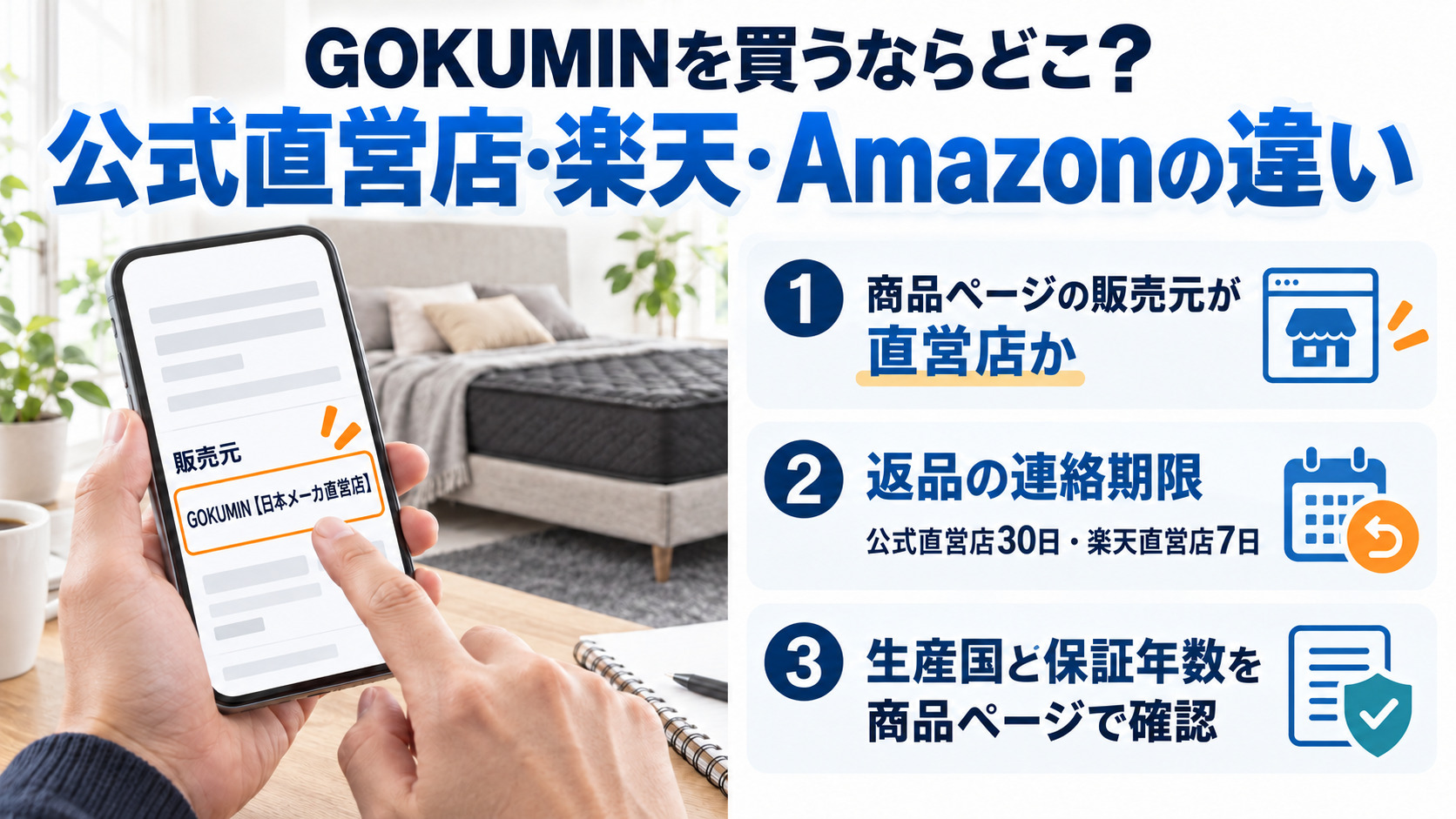 GOKUMINを買う前に、販売元・返品の連絡期限・生産国と保証年数を確かめる3つのチェックの図