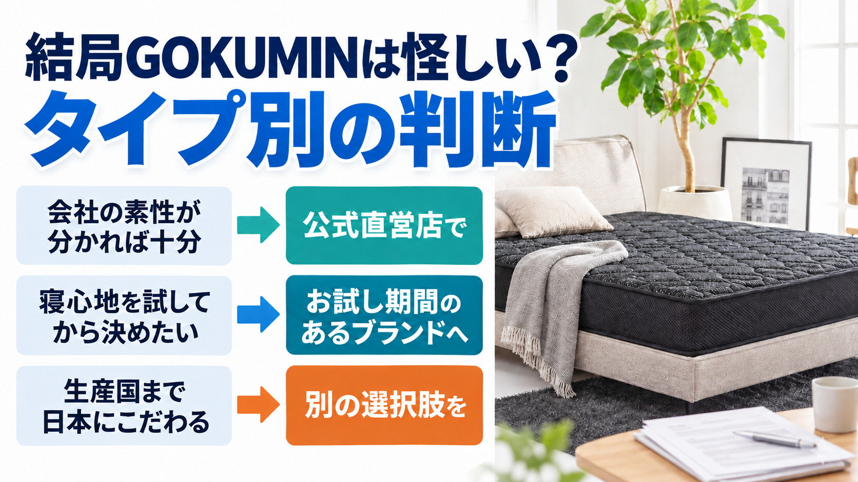 結局GOKUMINは怪しいかを、会社の素性・寝心地・生産国の3タイプ別に判断する図