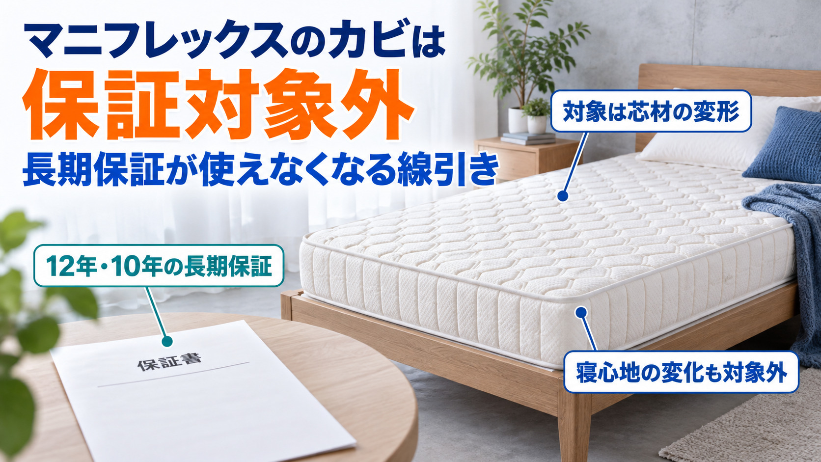 マニフレックスのカビは保証対象外で、保証の対象は芯材の変形だと示したベッドマットレスと保証書の画像