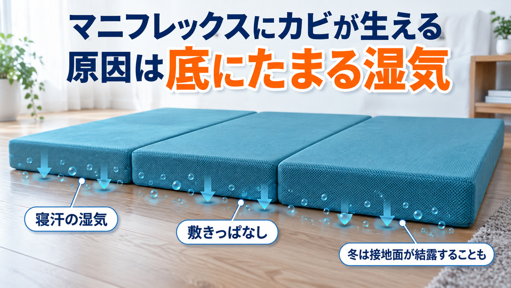 マニフレックスにカビが生える原因として、三つ折りマットレスの底にたまる湿気を矢印で示した画像