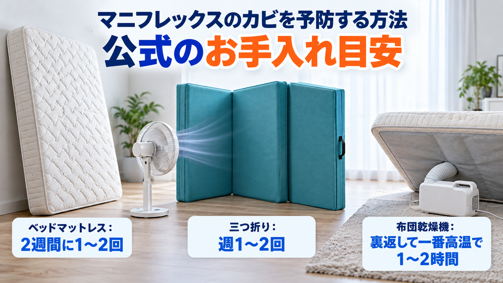 マニフレックスのカビを予防するお手入れ目安(ベッドは2週間に1〜2回・三つ折りは週1〜2回)の画像