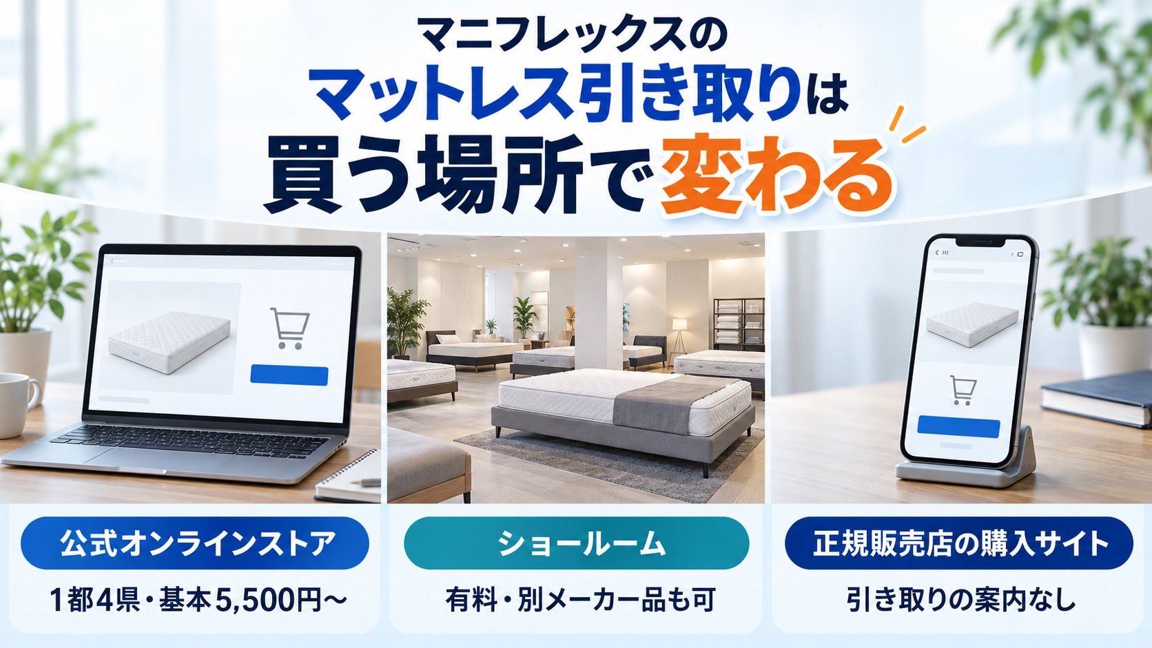 マニフレックスのマットレス引き取りが公式オンラインストア・ショールーム・購入サイトで変わる図